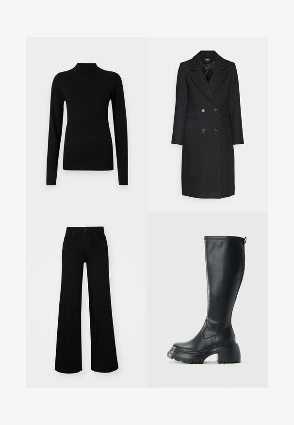 ONLY ONLMONIKA COAT  - Cappotto classico - black; Maglione nero a collo alto realizzato in tessuto morbido e leggero. Caratterizzato da maniche lunghe e polsini aderenti, con texture a costine all'orlo.; Pantaloni neri a gamba larga in denim, con una vita strutturata, passanti per la cintura e tasche frontali. Texture liscia con un design classico.; Stivale lungo in pelle nera con suola piatta robusta e tacco a blocco, dotato di linguetta e battistrada testurizzato sulla suola.