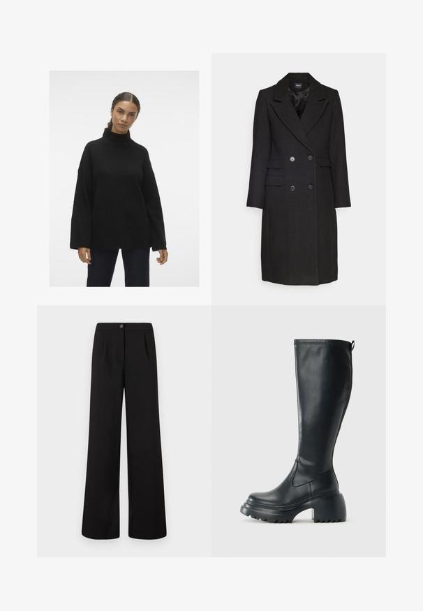 ONLY ONLMONIKA COAT - Classic coat - black; Black knitted turtleneck sweater with wide sleeves and ribbed cuffs, featuring a soft texture and relaxed fit, worn over dark jeans.; Black high-waist wide-leg trousers with front button and zipper closure, featuring subtle pleats below the waistband.; Tall black leather boot with chunky platform sole and block heel, featuring pull tab and textured tread on outsole.