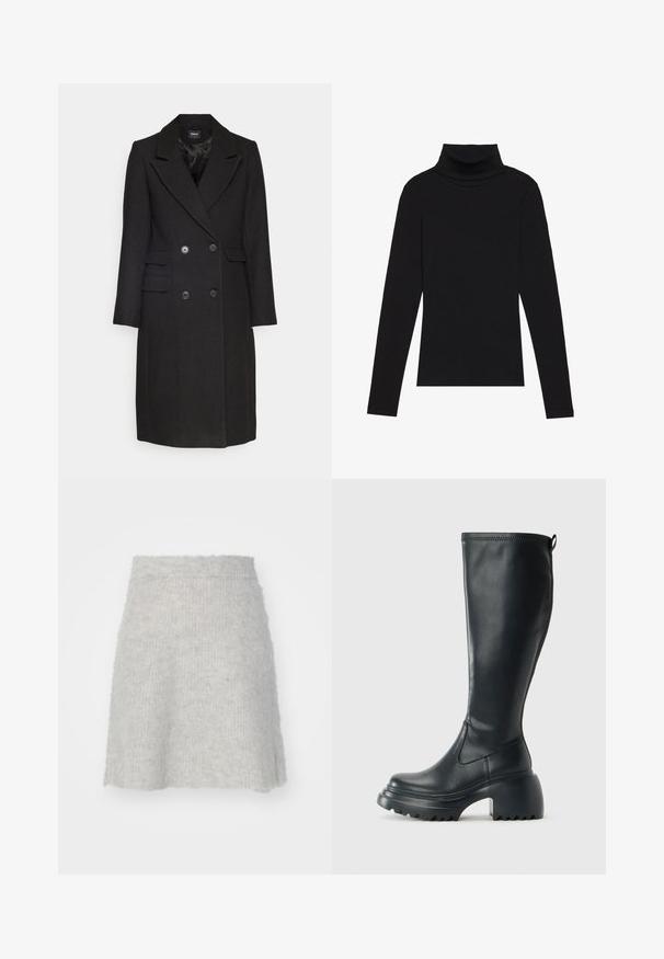 ONLY ONLMONIKA COAT - Palton clasic - black; Cămășuță neagră cu guler înalt, dintr-un material cu dungi, cu un design aderent, fără modele sau accente.; Fustă tricotată de culoare gri deschis, realizată dintr-un material moale, având o formă evazată și o finisare ușor texturată, cu un brâu elastic.; Cizme lungi din piele neagră cu talpă platformă masivă și tocul pătrat, având un tab de tragere și un model texturat pe talpa exterioară.