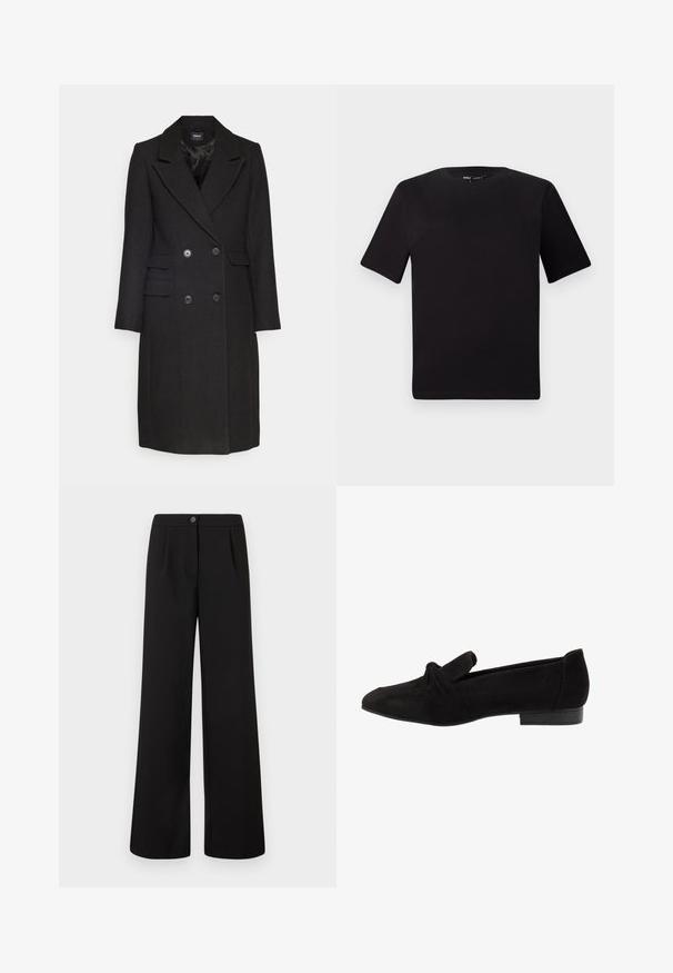 ONLY ONLMONIKA COAT - Classic coat - black; Black short-sleeve t-shirt with a round neckline, crafted from soft cotton fabric. Simple design, no visible logos or patterns.; Black high-waist wide-leg trousers with front button and zipper closure, featuring subtle pleats below the waistband.; Black suede flat shoe featuring a knotted detail at the toe, smooth texture, pointed shape, and a low, rectangular heel.