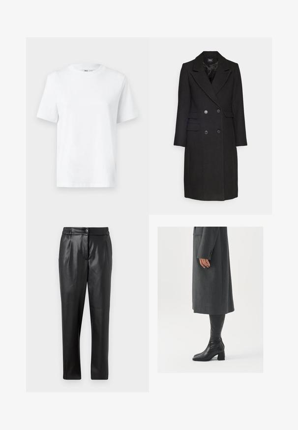 ONLY ONLMONIKA COAT  - Manteau classique - black; T-shirt en coton blanc à col rond, avec des manches courtes et une texture lisse. Conçu avec une coupe décontractée pour plus de confort et de polyvalence.; Pantalons en cuir noir avec une texture lisse, coupe droite, taille élastique et fermeture à bouton à l'avant ; détails plissés et jambes fuselées.; Manteau gris taillé à coupe droite ; associé à des bottes en cuir noir jusqu'au genou avec un bout carré et un talon épais.