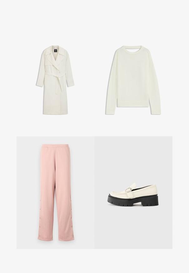 BOSS langer cremefarbener Mantel mit Schalkragen, taillierter Taille,Seitentaschen und geradem Schnitt. Hergestellt aus glattem, leichtem Stoff.; Hellbeige Pullover mit Rundhalsausschnitt, langen Ärmeln, geripptem Saum und weicher Textur. Keine Muster oder sichtbaren Hardware-Details.; Helle rosa, weit geschnittene Hose aus weichem Stoff, mit einem dezenten geprägten Muster und dekorativen Knöpfen entlang der Seitennaht.; Weißer Lederloafer mit einer klobigen schwarzen Plateausohle, ausgestattet mit einer rechteckigen silbernen Schnalle und sichtbaren Nähten im Obermaterial.