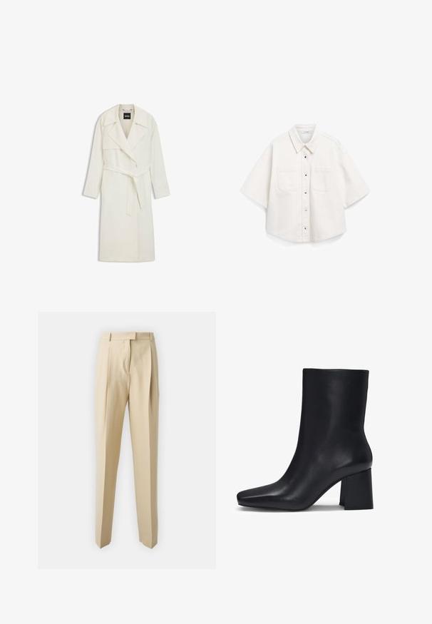 BOSS long cream coat with a shawl collar, belted waist, side pockets, and a straight silhouette. Made from smooth, lightweight fabric.; White short-sleeve shirt, made of cotton, features a button-down front, two chest pockets, and a structured collar.; Beige tailored trousers with a straight cut, featuring pleats, a waistband, and a smooth texture. No visible pockets or embellishments.; HUGO ARIEL NAPU - Classic ankle boots - black