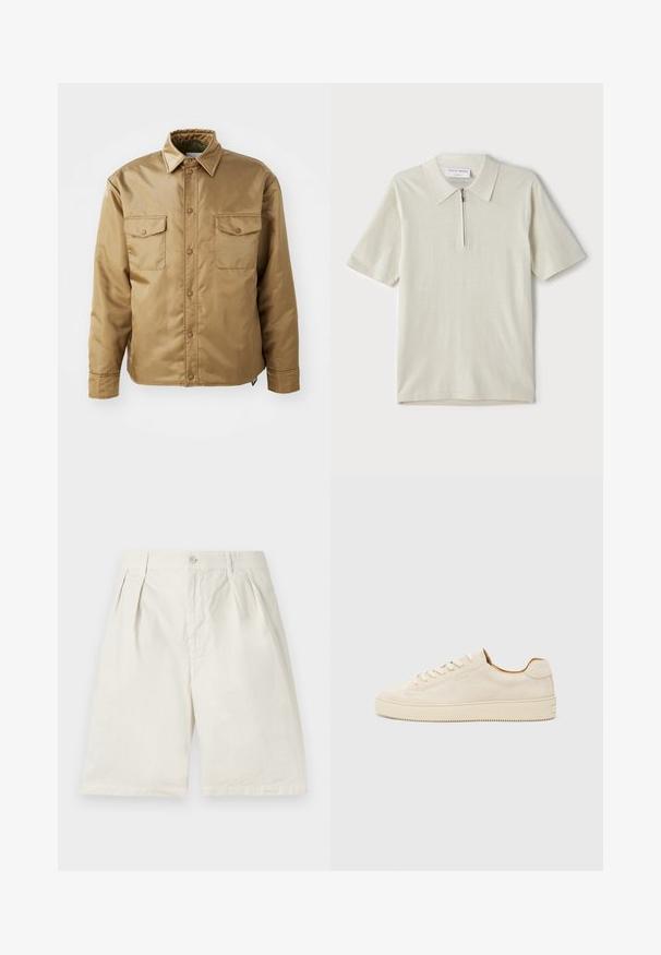 Hnedá bunda s dlhým rukávom, s gombíkovým zapínaním, dvoma náprsními vreckami a golierom. Vyrobená z hladkého, ľahkého materiálu.; Polo tričko s krátkymi rukávmi v svetlom béžovom odtieni so zipsom pri golieri. Vyrobené z hladkej látky, má jednoduchý, moderný dizajn bez vzorov.; Béžové bavlnené šortky s plisovaním vpredu, bočnými vreckami a zapínaním na gombík. Materiál má hladkú textúru a upravený strih.; Svetlohnedé semišové tenisky s nízkym strihom, okrúhlou špičkou, plochými šnúrkami a textúrovanou gumovou podrážkou. Minimalistický štýl bez viditeľných log.