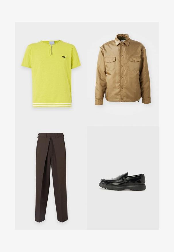 Brown, long-sleeve jacket with a button-up front, two chest pockets, and a collared neck. Made of smooth, lightweight material.; Lime green t-shirt made of soft fabric featuring a zippered neckline, short sleeves, and white striped accents at the hem.; BLUEMARBLE WORK PANT - Trousers - brown; Black leather loafer with a glossy finish, rounded toe, subtle stitching details, and a thick rubber sole for durability.