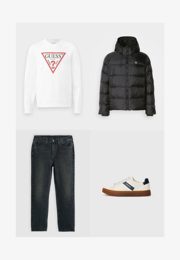 Black puffer jacket with a hood, featuring a zip front, stitched panels, elastic cuffs, and a small logo on the left chest.; White cotton sweatshirt featuring a large red triangular logo with "GUESS U.S.A." and "WASHED JEANS" text, and a central question mark icon.; Dark blue denim jeans with a straight-leg cut, featuring five pockets, a zip fly, and contrasting stitching. Subtle fading on the fabric.; White leather sneakers with navy accents, featuring a navy logo stripe, gray laces, and a brown rubber sole. Minimalistic design.