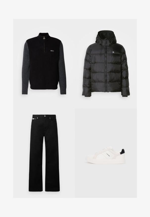 Casaco puffer preto com capuz, apresentando fecho éclair na frente, painéis cosidos, punhos elásticos e um pequeno logotipo no lado esquerdo do peito.; Pullover de malha com meio zíper, apresentando corpo preto e mangas cinzentas, punhos canelados e um logótipo no peito. Material em mistura de lã.; Calças de ganga pretas com um design de pernas largas, apresentando cinco bolsos e fechos metálicos. Textura suave, sem padrões visíveis.; Sapatilhas brancas com detalhes em rosa claro e preto, apresentando painéis de couro liso e camurça, biqueira redonda e sola de borracha plana.