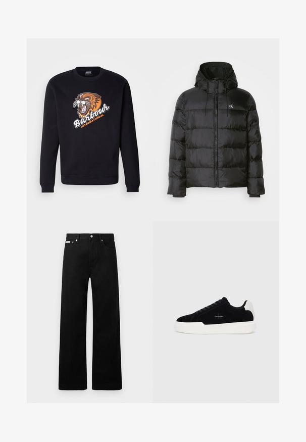 Fekete puffdzseki kapucnival, elülső cipzárral, varrott panelekből, rugalmas mandzsettákkal és egy kis logóval a bal mellen.; Fekete kapucnis pulóver hosszú ujjakkal és bordázott mandzsettákkal, amelyen egy nagy tigris grafikával és a "Barbour International" szöveggel.; Fekete farmernadrág széles szabással, öt zsebbel és fém gombos díszítéssel. Sima felület, látható minták nélkül.; Fekete alacsony szárú sneaker fehér talppal és saroktabbal, fűzős elülső résszel és Calvin Klein logóval az oldalon.