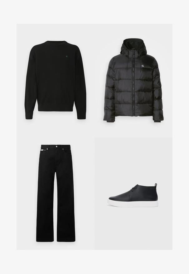 Melna pūka jaka ar kapuci, ar rāvējslēdzēju priekšā, šuvēm paneļos, elastīgām aprocēm un nelielu logo kreisajā krūtī.; Melnā sporta krekls ar apaļu kakla izgriezumu, ribotām piedurknēm un apakšmalu. Uz krūškurvja ir maza zaļa logo. Izgatavots no mīkstas, vieglas auduma.; Melni džinsi ar platajiem bikšu dizainu, ar piecām kabatām un metāla pogām. Gluda tekstūra, bez redzamām rakstu detaļām.; Melnas ādas augstas tenisa kurpes ar gludu apdari, baltu gumijas zoli un vienkāršu šņorēšanas dizainu. Aizmugurē ir vilkšanas cilpa.