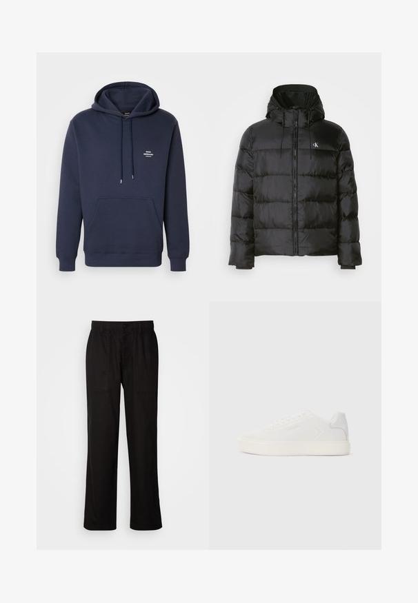 Svart pufferjakke med hette, med glidelås foran, sømdelte paneler, elastiske mansjetter og en liten logo på venstre bryst.; Marineblå hettegenser laget av myk bomull med kengurulomme, snor i hetten og liten hvit tekstlogo på brystet.; Svart bukser med avslappet passform, laget av lett stoff. Har elastisk midjebånd, knapplukking og to frontlommer.; Hvit sneakers med glatt syntetisk overdel, rund tå og flat hvit såle. Har ton-i-ton søm og minimal merkevare på siden.