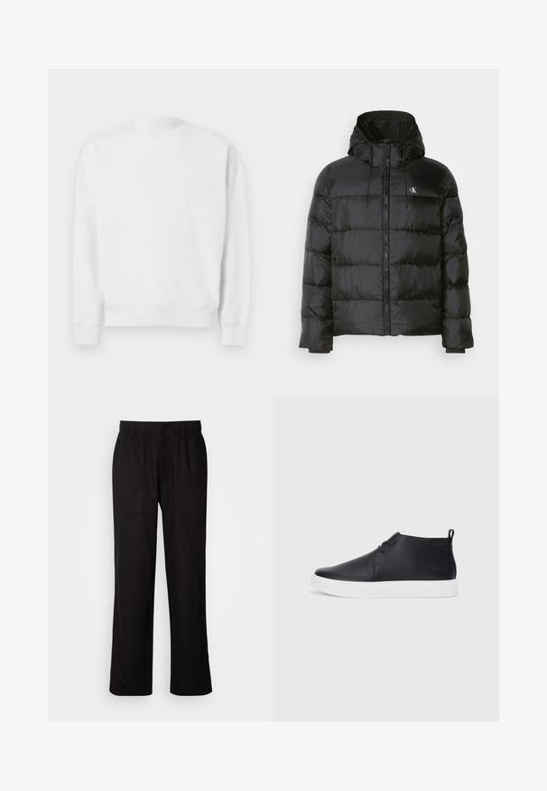 Black puffer jacket with a hood, featuring a zip front, stitched panels, elastic cuffs, and a small logo on the left chest.; White sweatshirt made of soft fabric, featuring a high neck, long sleeves, and ribbed cuffs and hem. No patterns or accents present.; Black pants with a relaxed fit, made from lightweight fabric. Features an elastic waistband, button closure, and two front pockets.; Black leather high-top sneakers with a smooth finish, white rubber sole, and simple lace-up design. Features a pull tab at the back.