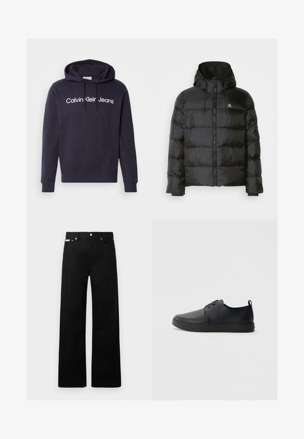 Geacă neagră din puf cu glugă, cu fermoar în față, panouri cusute, manșete elastice și un logo mic pe pieptul stâng.; Hanorac bleumarin din amestec de bumbac, dotat cu un buzunar frontal tip kangaroo, glugă cu șnur și înscrisuri albe: "Calvin Klein Jeans."; Pantaloni din denim negri cu un design cu picioare largi, având cinci buzunare și accesorii metalice pentru butoane. Textură netedă, fără modele vizibile.; Sneakers din piele neagră cu un finisaj neted, vârf rotund, cusături tonale, șireturi în față și o talpă plată din cauciuc. Buclă la călcâi.