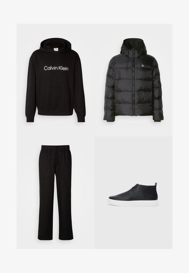 Fekete puffdzseki kapucnival, elülső cipzárral, varrott panelekből, rugalmas mandzsettákkal és egy kis logóval a bal mellen.; Fekete pamut kapucnis pulóver, elülső zsebbel, a mellkason fehér "Calvin Klein" logóval, bordázott mandzsettákkal és aljjal.; Fekete, laza szabású nadrág, könnyű anyagból készült. Rugalmas derékkal, gombos záródással és két elülső zsebbel rendelkezik.; Fekete bőr magas szárú sneakers, sima felülettel, fehér gumi talppal és egyszerű, fűzős dizájnnal. Hátul húzófül található.