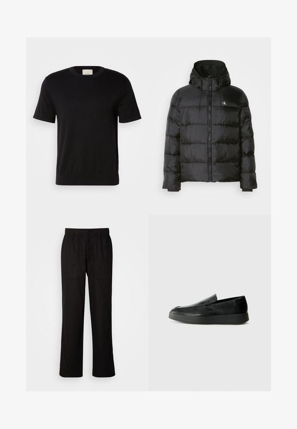 Mustat puffer-jakid, millel on kapuuts, ees on tõmblukk, õmblustel on paneelid, elastsed mansetid ja vasakul rinnal on väike logo.; Must mustaheline T-särk, mis on valmistatud pehmest puuvillast. Omab ümmargust kaelust, ribakujulist tekstuuri ja diskreetset logo aktsenti rinnal.; Mustad lõdva istuvusega mustad püksid, mis on valmistatud kergest kangast. Omavad elastset vöökohta, nööbiga sulgemist ja kahte esist taskut.; Calvin Klein HYBRID CUP - Jalga libistatavad jalanõud - triple black