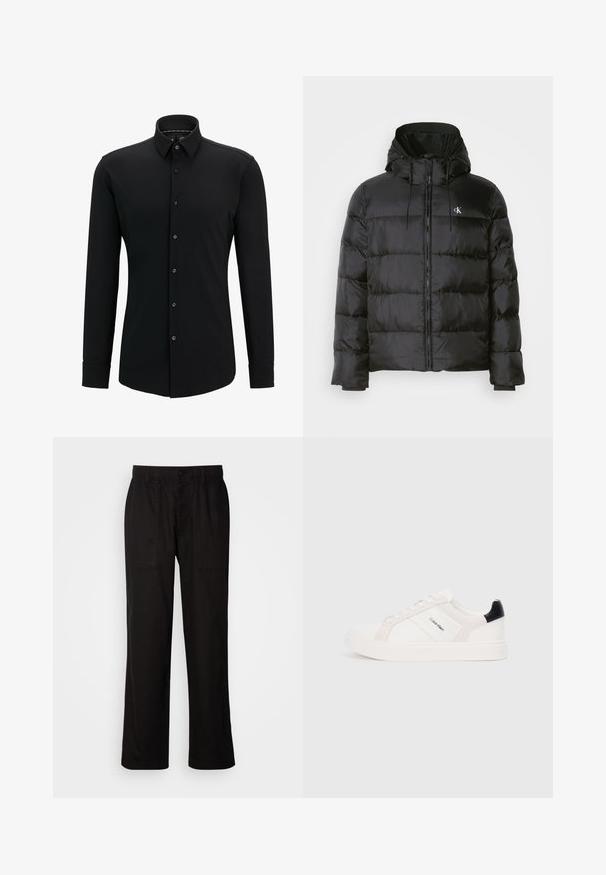 Melna pūka jaka ar kapuci, ar rāvējslēdzēju priekšā, šuvēm paneļos, elastīgām aprocēm un nelielu logo kreisajā krūtī.; Melna garām piedurknēm kreklis, kas izgatavots no gludas auduma, ar pogājamā priekšpusi, apkakli un pielāgotu piegriezumu ar vieglu šuvumu detaļu.; Melnas bikses ar brīvu piegriezumu, izgatavotas no viegla auduma. Tām ir elastīga jostasvieta, pogu aizdare un divas priekšējās kabatas.; Baltās kedas ar gaiši rozā un melniem akcentiem, ar gludu ādu un zamšādas paneļiem, apaļu purngalu un plakanu gumijas zoli.