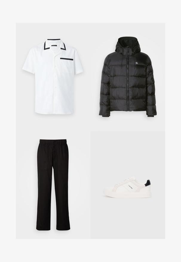 Černá péřovka s kapucí, s předním zipem, stehovanými panely, elastickými manžetami a malým logem na levé hrudi.; Bílá košile s krátkým rukávem z látky, s černým límcem a okraji kapsy, s předním zapínáním na knoflíky a čistým, minimalistickým designem.; Černé kalhoty s uvolněným střihem, vyrobené z lehké tkaniny. Mají elastický pas, knoflíkový uzávěr a dvě přední kapsy.; Bílé tenisky s jemně růžovými a černými akcenty, s hladkou koženou a semišovou částí, kulatou špičkou a plochou gumovou podrážkou.