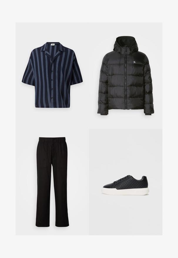 Giacca a vento nera con cappuccio, dotata di chiusura zip frontale, pannelli cuciti, polsini elastici e un piccolo logo sul lato sinistro del petto.; Camicia a maniche corte con bottoni, caratterizzata da uno sfondo blu navy con righe verticali azzurro chiaro e un design di colletto classico.; Pantaloni neri con vestibilità morbida, realizzati in tessuto leggero. Presentano un elastico in vita, chiusura con bottone e due tasche anteriori.; Sneaker nera con texture geometrica sul lato, punta liscia e suola in gomma bianca. Presenta lacci rotondi e un design a bassa profilatura.