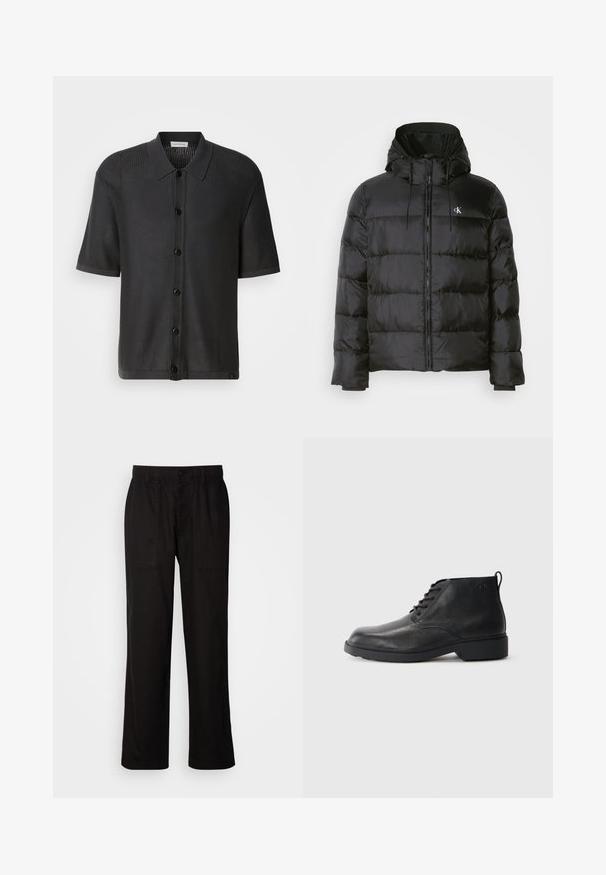 Svart pufferjakke med hette, med glidelås foran, sømdelte paneler, elastiske mansjetter og en liten logo på venstre bryst.; Svart kortermet skjorte med mesh-struktur, knapplukking foran og krage. Har en glatt søm og subtil merking nederst.; Svart bukser med avslappet passform, laget av lett stoff. Har elastisk midjebånd, knapplukking og to frontlommer.; Sorte skinnstøvler med teksturert overflate, rund tå, snøring foran og en solid gummisåle. Har en liten pull-tab bak.