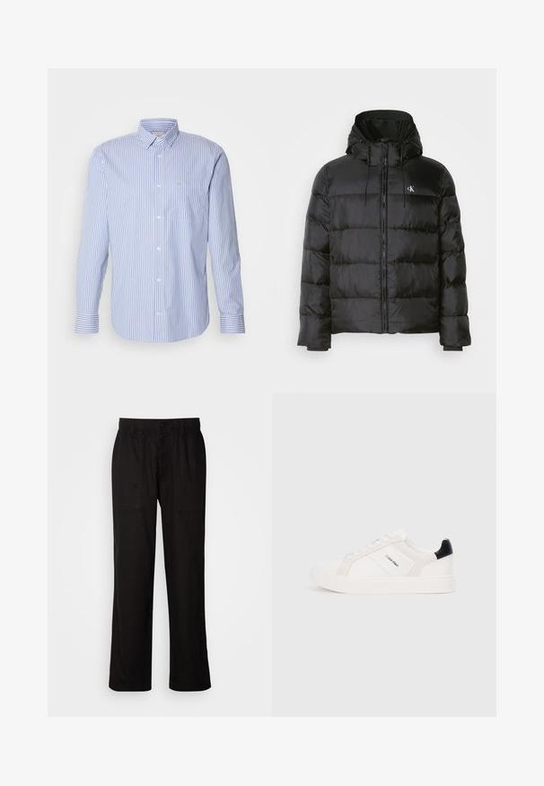 Černá péřovka s kapucí, s předním zipem, stehovanými panely, elastickými manžetami a malým logem na levé hrudi.; Calvin Klein STRIPE SHIRT - Košile - white/dutch blue; Černé kalhoty s uvolněným střihem, vyrobené z lehké tkaniny. Mají elastický pas, knoflíkový uzávěr a dvě přední kapsy.; Bílé tenisky s jemně růžovými a černými akcenty, s hladkou koženou a semišovou částí, kulatou špičkou a plochou gumovou podrážkou.