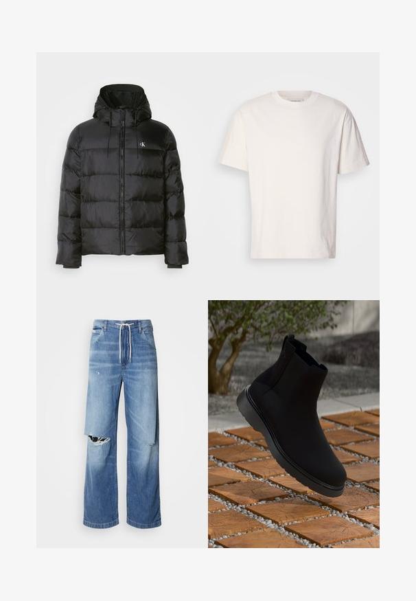 Mustat puffer-jakid, millel on kapuuts, ees on tõmblukk, õmblustel on paneelid, elastsed mansetid ja vasakul rinnal on väike logo.; Kreemjas puuvillane T-särk, millel on ümmargune kaelus. Lühikesed varrukad ja mugav lõige. Kaelusel on väike logo. Sile tekstuur.; Hele sinise denimist püksid laia lõikega, millel on valgest nöörist vöö ja eristuvad rebenemised ees, paljastades hargnevad servad.; Mustad mustankott, mis on valmistatud siledast materjalist, peente õmblustega, kummitald ja stiilne disain, asetatud puidustruktuuriga pinna kohale.