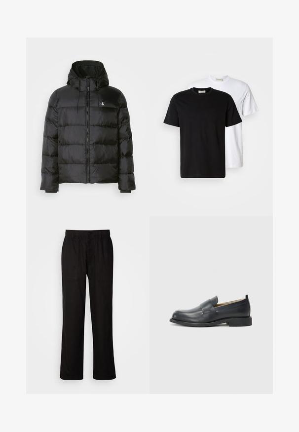 Black puffer jacket with a hood, featuring a zip front, stitched panels, elastic cuffs, and a small logo on the left chest.; Two plain cotton T-shirts, one black placed in front of a white one, both with short sleeves and round necklines.; Black pants with a relaxed fit, made from lightweight fabric. Features an elastic waistband, button closure, and two front pockets.; Black leather loafers featuring a smooth finish, a flat sole, and a rounded toe with a decorative strap across the upper.