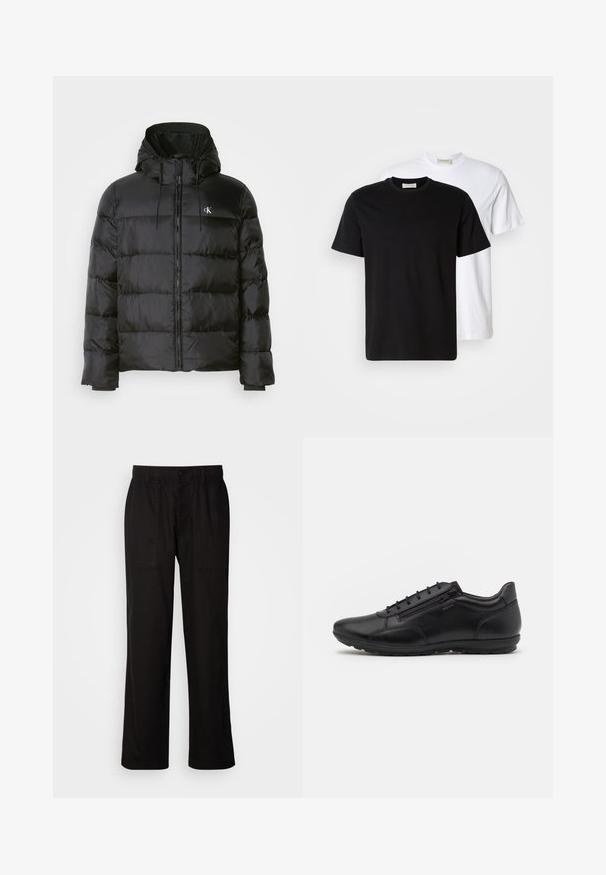 Giacca a vento nera con cappuccio, dotata di chiusura zip frontale, pannelli cuciti, polsini elastici e un piccolo logo sul lato sinistro del petto.; Due t-shirt di cotone semplici, una nera posizionata davanti a una bianca, entrambe con maniche corte e scollature rotonde.; Pantaloni neri con vestibilità morbida, realizzati in tessuto leggero. Presentano un elastico in vita, chiusura con bottone e due tasche anteriori.; Scarpe in pelle nera con un design elegante, dotate di una cerniera laterale e lacci, texture liscia e suola in gomma flessibile.