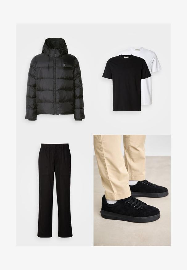 Black puffer jacket with a hood, featuring a zip front, stitched panels, elastic cuffs, and a small logo on the left chest.; Two plain cotton T-shirts, one black placed in front of a white one, both with short sleeves and round necklines.; Black pants with a relaxed fit, made from lightweight fabric. Features an elastic waistband, button closure, and two front pockets.; Calvin Klein Jeans CHUNKY CUPSOLE - Trainers - triple black