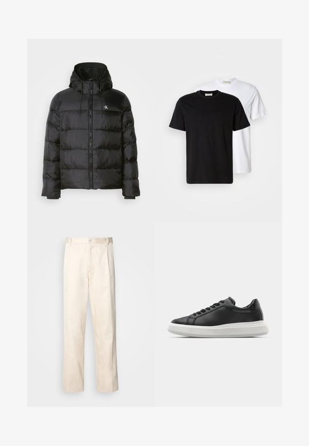 Crni dukserica s kapuljačom, s prednjim zatvaračem, šavanim panelima, elastičnim manžetama i malim logotipom na lijevoj strani prsiju.; Dva obična pamučna majice, jedna crna ispred bijele, obje s kratkim rukavima i okruglim izrezima.; Bežaste pamučne hlače ravnog kroja s kopčanjem na dugme i plisiranjima sprijeda za dodatni detalj.; Crne kožne tenisice s glatkom površinom, bijeli gumeni potplat, zaobljen oblik, šest rupica za vezice i suptilni brend na peti.