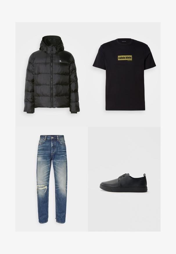 Crni dukserica s kapuljačom, s prednjim zatvaračem, šavanim panelima, elastičnim manžetama i malim logotipom na lijevoj strani prsiju.; Crna pamučna majica s kratkim rukavima, s pravokutnim zelenim logotipom na kojem piše "calvin klein" i "new york city" u podebljanom fontu.; Plave traperice s ravnim krojem. Istaknuti izlizani elementi uključuju poderotinu na lijevom koljenu i suptilno izblijeđivanje na tkanini.; Crne kožne tenisice s glatkom površinom, zaobljenim vrhom, tonom prošivanja, vezanjem sprijeda i ravnim gumenim potplatom. Oko pete se nalazi učka.