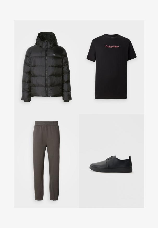 Zwarte pufferjack met een capuchon, voorzien van een ritssluiting aan de voorkant, gestikte panelen, elastische manchetten en een klein logo op de linkerborst.; Zwarte T-shirt met korte mouwen, gemaakt van katoen, met een centraal Calvin Klein-logo in rood en wit, voorzien van een ronde hals en een ontspannen pasvorm.; Donkergrijze sweatpants met een elastische tailleband, taps toelopende pijpen en ribgebreide manchetten. Voorzien van een klein logo op de dij. Gemaakt van zachte stof.; Zwarte leren sneaker met een gladde afwerking, ronde neus, tonale stiknaden, vetersluiting aan de voorkant en een vlakke rubberen zool. Lussje aan de hak.