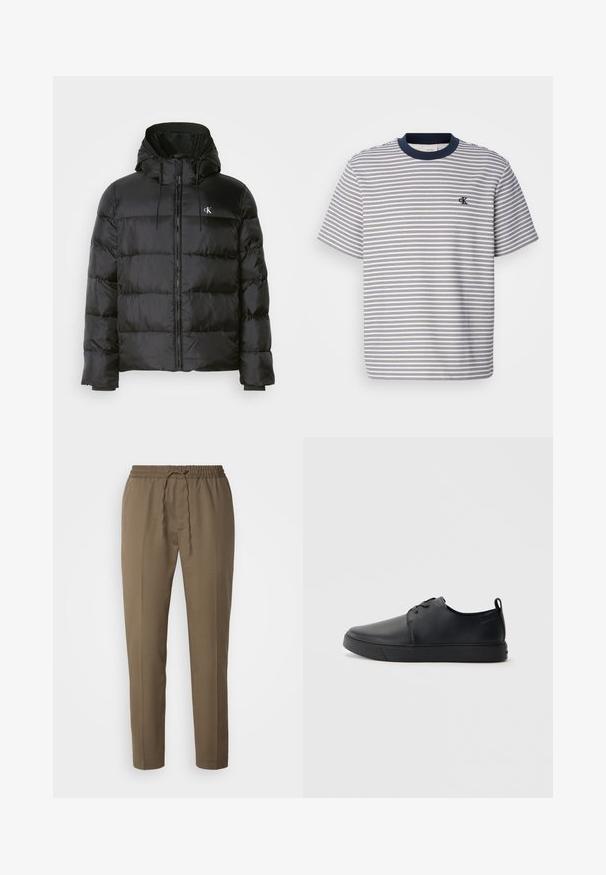 Zwarte pufferjack met een capuchon, voorzien van een ritssluiting aan de voorkant, gestikte panelen, elastische manchetten en een klein logo op de linkerborst.; Gestreept katoenen T-shirt met een marineblauwe kraag en mouwen, voorzien van horizontale blauw-witte strepen; klein geborduurd logo op de borst.; Bruine, lichtgewicht broek met een elastische tailleband en koordje. Heeft rechte pijpen en een gladde textuur. Geen zakken.; Zwarte leren sneaker met een gladde afwerking, ronde neus, tonale stiknaden, vetersluiting aan de voorkant en een vlakke rubberen zool. Lussje aan de hak.