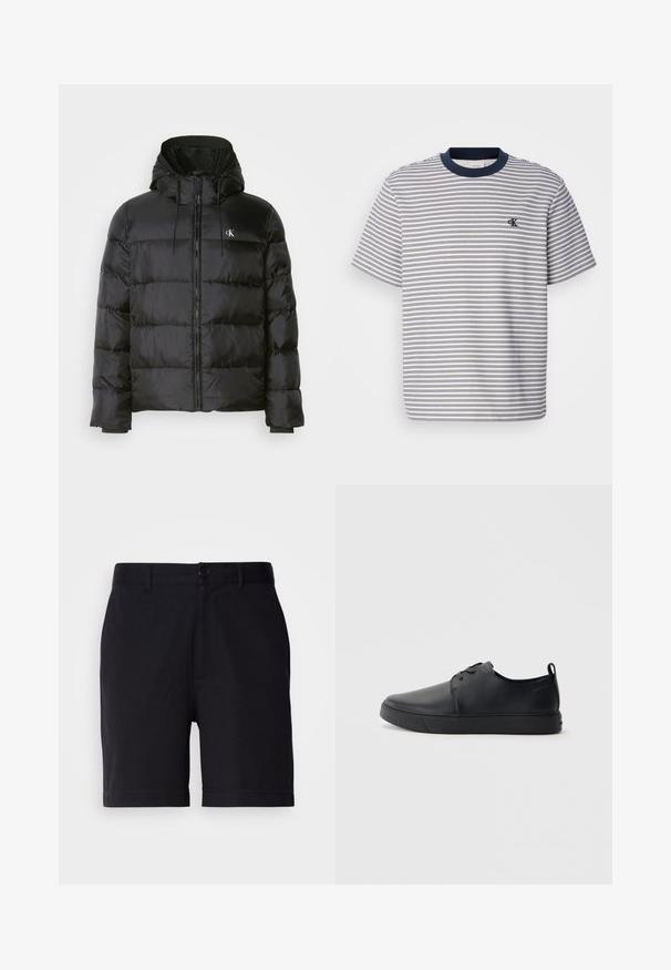 Giacca a vento nera con cappuccio, dotata di chiusura zip frontale, pannelli cuciti, polsini elastici e un piccolo logo sul lato sinistro del petto.; T-shirt in cotone a righe con colletto e polsini blu navy, caratterizzato da righe orizzontali blu e bianche; piccolo logo ricamato sul petto.; Pantaloni corti neri realizzati in tessuto misto cotone, con una vestibilità classica, tasche frontali e chiusura con bottone in vita.; Sneaker in pelle nera con finitura liscia, punta arrotondata, cuciture tono su tono, chiusura con lacci frontale e suola piatta in gomma. Anello sul tallone.