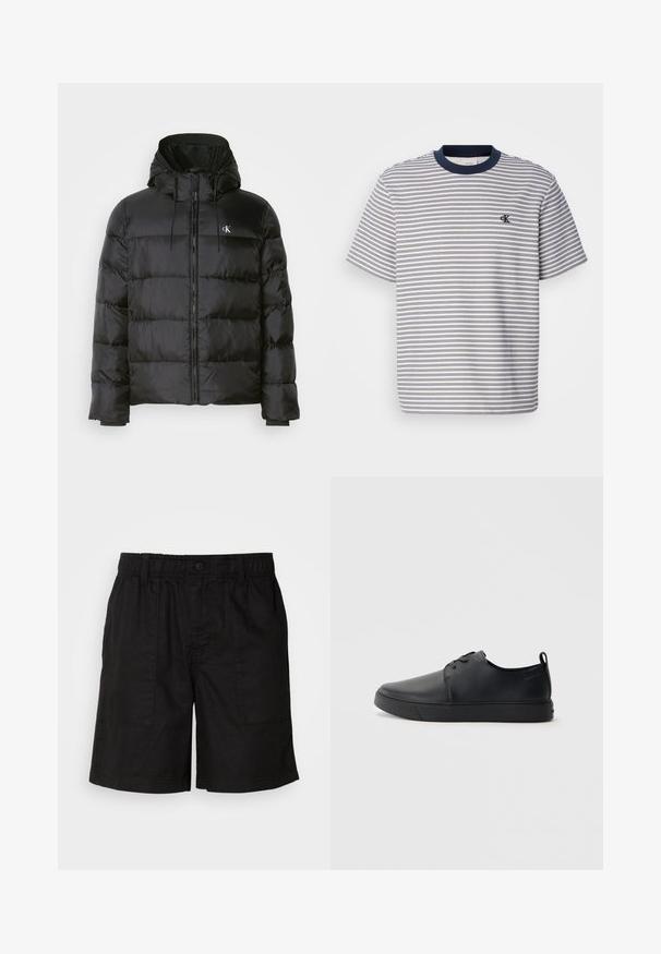 Svart pufferjakke med hette, med glidelås foran, sømdelte paneler, elastiske mansjetter og en liten logo på venstre bryst.; Stripet bomull T-skjorte med marineblå krage og mansjetter, med horisontale blå og hvite striper; liten brodert logo på brystet.; Svarte shorts med elastisk midje og knappelukking. Inkluderer to store sidelommer med strukturert stoff. Avslappet design.; Svart lær sneakers med glatt overflate, rund tå, tonede sømmer, snøring foran og flat gummisåle. Løkke på hælen.