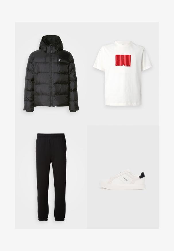 Czarna kurtka puchowa z kapturem, z zapięciem na zamek, przeszytymi panelami, elastycznymi mankietami oraz małym logo na lewej piersi.; Biała bawełniana koszulka z dużym, czerwonym nadrukiem "CALVIN KLEIN" na przodzie, z okrągłym dekoltem i krótkimi rękawami.; Czarne dresy wykonane z miękkiego materiału, z elastycznym pasem, mankietami na końcach i małym logo po boku.; Białe sneakersy z jasnoróżowymi i czarnymi akcentami, z gładkiej skóry i paneli z zamszu, okrągłym noskiem i płaską gumową podeszwą.