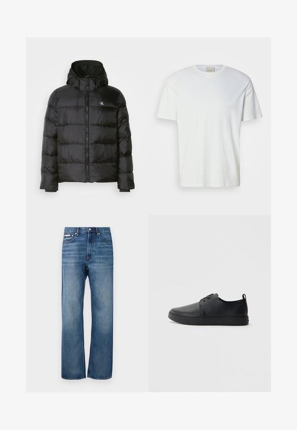 Črna puffer jakna s kapuco, z zadrgo na sprednji strani, šivanimi paneli, elastičnimi manšetami in majhnim logotipom na levi prsni strani.; Bela kratka majica s kratkimi rokavi in okroglim izrezom, s vidno oznako Calvin Klein v ovratniku, prikazana na nevtralni podlagi.; Modri trdi jeans s ravnimi nogavicami, z rahlim bledenjem, sprednjim gumbom in malo oznako na desnem sprednjem žepu.; Črne usnjene športne čevlje z gladko površino, okroglo oblikovano nosilo, toniranim šivanjem, vezanjem spredaj in ravnim gumijastim podplatom. Zanko na peti.
