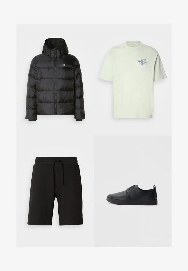 Crni dukserica s kapuljačom, s prednjim zatvaračem, šavanim panelima, elastičnim manžetama i malim logotipom na lijevoj strani prsiju.; Svijetlozelena pamučna majica s kratkim rukavima, okruglim izrezom i plavim logotipom s natpisima "Calvin Klein" i "CK" na lijevoj strani prsnog dijela.; Crne pletene kratke hlače s teksturiranim materijalom, elastičnim pojasom, podesivom uže i bočnim džepovima. Duljina hlača završava iznad koljena.; Crne kožne tenisice s glatkom površinom, zaobljenim vrhom, tonom prošivanja, vezanjem sprijeda i ravnim gumenim potplatom. Oko pete se nalazi učka.