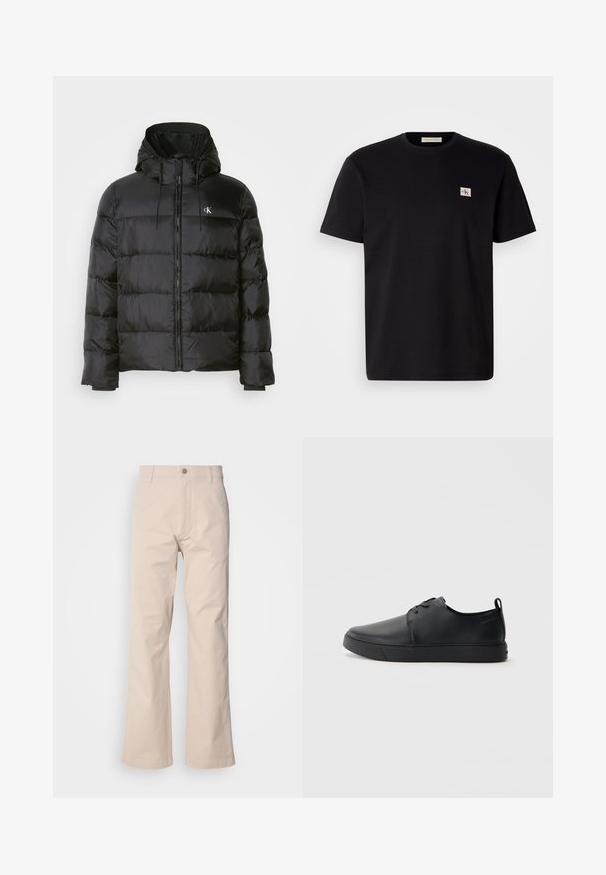Črna puffer jakna s kapuco, z zadrgo na sprednji strani, šivanimi paneli, elastičnimi manšetami in majhnim logotipom na levi prsni strani.; Črna bombažna majica s kratkimi rokavi, okroglim izrezom in majhnim vezenim logotipom na levem prsnem delu. Gladka tekstura, običajen kroj.; Bežna bombažna hlače s ravnim krojem, ki imajo zadrgo na gumb, sprednje žepke in minimalne detajle šivanja.; Črne usnjene športne čevlje z gladko površino, okroglo oblikovano nosilo, toniranim šivanjem, vezanjem spredaj in ravnim gumijastim podplatom. Zanko na peti.