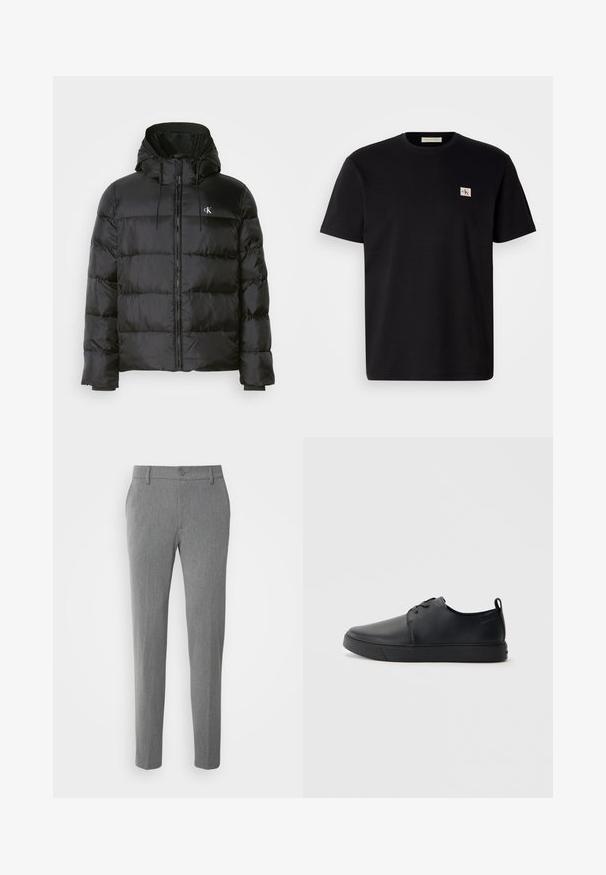 Black puffer jacket with a hood, featuring a zip front, stitched panels, elastic cuffs, and a small logo on the left chest.; Black cotton t-shirt with short sleeves, crew neck, and a small embroidered logo on the left chest. Smooth texture, regular fit.; Gray trousers made of a textured fabric, featuring a classic design with a button closure and straight-leg cut.; Black leather sneaker with a smooth finish, rounded toe, tonal stitching, lace-up front, and a flat rubber sole. Loop at the heel.