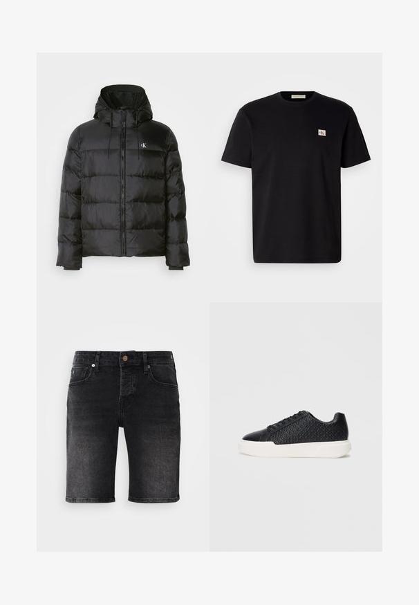 Čierna prešívaná bunda s kapucňou, so zipsom vpredu, prešitými panelmi, elastickými manžetami a malým logom na ľavej hrudi.; Čierne bavlnené tričko s krátkymi rukávmi, okrúhlym výstrihom a malým vyšitým logom na ľavej hrudi. Hladká textúra, štandardný strih.; Čierne denimové šortky so strihaním rovného strihu, pätimi vreckami a kontrastným šitím. Obsahujú kovový gombík a tmavú pranie textúru.; Čierne tenisky s geometrickou textúrou na boku, hladký špičkový kryt a biely gumový podrážka. Majú okrúhle šnúrky a nízky strih.