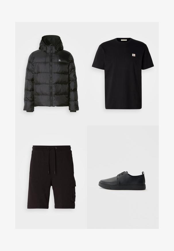 Giacca a vento nera con cappuccio, dotata di chiusura zip frontale, pannelli cuciti, polsini elastici e un piccolo logo sul lato sinistro del petto.; T-shirt di cotone nero con maniche corte, collo rotondo e un piccolo logo ricamato sul lato sinistro del petto. Texture liscia, vestibilità regolare.; Shorts cargo neri in cotone con vita regolabile con cordino, tasche laterali e design a vestibilità rilassata.; Sneaker in pelle nera con finitura liscia, punta arrotondata, cuciture tono su tono, chiusura con lacci frontale e suola piatta in gomma. Anello sul tallone.