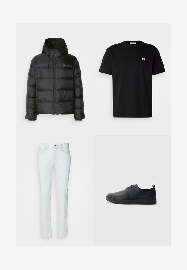 Svart pufferjakke med hette, med glidelås foran, sømdelte paneler, elastiske mansjetter og en liten logo på venstre bryst.; Svart bomull t-skjorte med korte ermer, rund hals og en liten brodert logo på venstre bryst. Glatt tekstur, normal passform.; Lys blå denimjeans med rett ben-design, fem lommer og lukking med knapp foran. Har subtil søm og en klassisk passform.; Svart lær sneakers med glatt overflate, rund tå, tonede sømmer, snøring foran og flat gummisåle. Løkke på hælen.
