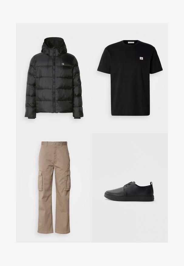 Crni dukserica s kapuljačom, s prednjim zatvaračem, šavanim panelima, elastičnim manžetama i malim logotipom na lijevoj strani prsiju.; Crna pamučna majica s kratkim rukavima, okruglog izreza, s malim izvezenim logotipom na lijevoj strani prsnog koša. Glatka tekstura, regularan kroj.; Beige cargo hlače od pamuka, s opuštenim krojem, s dva bočna džepa i zatvaranjem na dugme na struku.; Crne kožne tenisice s glatkom površinom, zaobljenim vrhom, tonom prošivanja, vezanjem sprijeda i ravnim gumenim potplatom. Oko pete se nalazi učka.