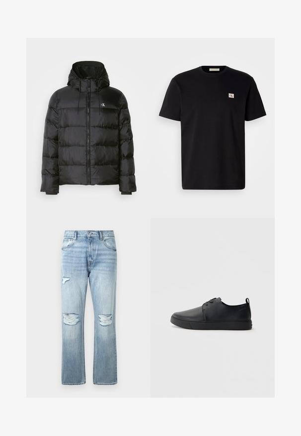 Čierna prešívaná bunda s kapucňou, so zipsom vpredu, prešitými panelmi, elastickými manžetami a malým logom na ľavej hrudi.; Čierne bavlnené tričko s krátkymi rukávmi, okrúhlym výstrihom a malým vyšitým logom na ľavej hrudi. Hladká textúra, štandardný strih.; Svetlo modré džínsy s roztrhnutými miestami na oboch kolenách a malou dierou na hornom ľavom stehne, klasický päťpokladový štýl.; Čierne kožené tenisky s hladkým povrchom, zaoblenou špičkou, tonálnym šitím, šnurovaním vpredu a plochou gumovou podrážkou. Obojok na päte.