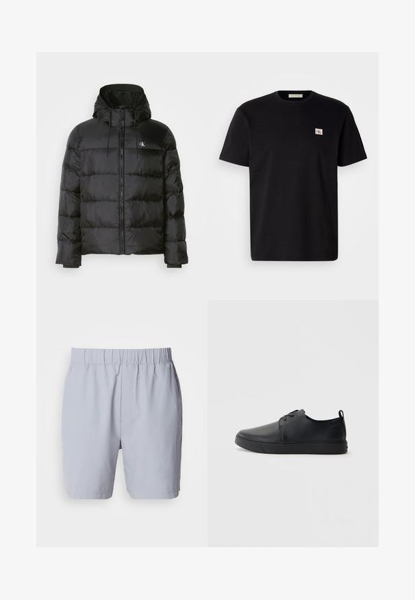 Crni dukserica s kapuljačom, s prednjim zatvaračem, šavanim panelima, elastičnim manžetama i malim logotipom na lijevoj strani prsiju.; Crna pamučna majica s kratkim rukavima, okruglog izreza, s malim izvezenim logotipom na lijevoj strani prsnog koša. Glatka tekstura, regularan kroj.; Svijetlo sivi kupaći šortsevi s elastičnim pojasom, dva bočna džepa i glatka, lagana tkanina. Nema vidljivih uzoraka ili ukrasa.; Crne kožne tenisice s glatkom površinom, zaobljenim vrhom, tonom prošivanja, vezanjem sprijeda i ravnim gumenim potplatom. Oko pete se nalazi učka.