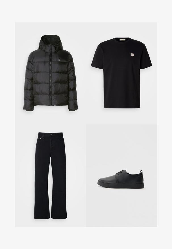 Μαύρο μπουφάν με κουκούλα, διαθέτοντας φερμουάρ μπροστά, ραμμένες πάνελ, ελαστικές μανσέτες και ένα μικρό λογότυπο στο αριστερό στήθος.; Μαύρο βαμβακερό μπλουζάκι με κοντά μανίκια, στρογγυλή λαιμόκοψη και ένα μικρό καμπυλωτό λογότυπο στο αριστερό στήθος. Λείο ύφασμα, κανονική εφαρμογή.; Μαύρο τζιν παντελόνι με σχέδιο ίσιας γραμμής, που διαθέτει κλείσιμο με κουμπί, πέντε τσέπες και ελάχιστες μεταλλικές λεπτομέρειες.; Μαύρο δερμάτινο αθλητικό παπούτσι με λεία επιφάνεια, στρογγυλή μύτη, τονικό ράψιμο, κορδόνια μπροστά και επίπεδη καουτσούκ σόλα. Βρόχος στην πτέρνα.