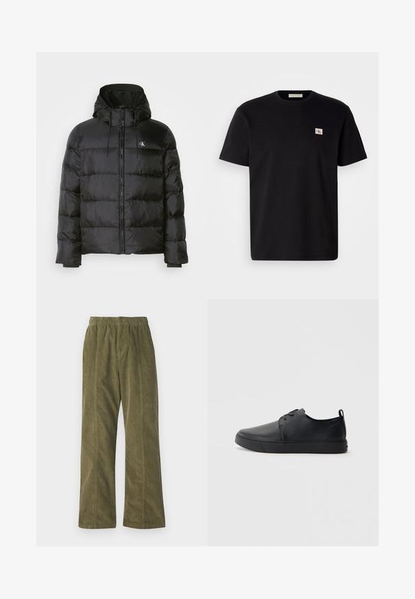 Czarna kurtka puchowa z kapturem, z zapięciem na zamek, przeszytymi panelami, elastycznymi mankietami oraz małym logo na lewej piersi.; Czarny bawełniany t-shirt z krótkim rękawem, okrągłym dekoltem i małym haftowanym logo po lewej stronie klatki piersiowej. Gładka tekstura, regularny krój.; Oliwkowe spodnie z szerokimi nogawkami wykonane z korduroju, z elastycznym paskiem w talii i widocznymi detalami szwów wzdłuż boków.; Czarne skórzane sneakersy o gładkim wykończeniu, zaokrąglonym nosku, tonalnym przeszyciu, sznurowanym przodzie oraz płaskiej gumowej podeszwie. Pętla na pięcie.