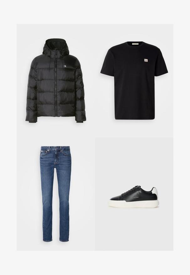 Mustat puffer-jakid, millel on kapuuts, ees on tõmblukk, õmblustel on paneelid, elastsed mansetid ja vasakul rinnal on väike logo.; Mustmustärg t-särk lühikeste varrukatega, ümmarguse kaelusega ja väike tikitud logo vasakul rinnal. Sile tekstuur, tavaline sobivus.; Sinine denimist teksapüksid otse jalaga disainiga, millel on klassikaline viie tasku paigutus ja vaskse detaljide rõhutused vöökohal ning taskutes.; Mustad musta nahast jooksutossud valge kummist tallaga. Omavad ümmargust ninakujuga disaini, paeltega kinnitust ja logo detaili külgedel. Tagumine aktsent on valge.