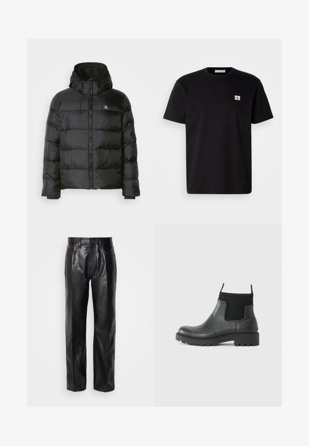 Černá péřovka s kapucí, s předním zipem, stehovanými panely, elastickými manžetami a malým logem na levé hrudi.; Černé bavlněné tričko s krátkým rukávem, kulatým výstřihem a malým vyšívaným logem na levé straně hrudi. Hladká textura, standardní střih.; Černé kožené kalhoty s rovnými nohavicemi. Vybaveny knoflíkovým zapínáním a předními kapsami, ukazují hladkou strukturu a minimální švy.; Černé kotníkové boty vyrobené z gumy s matným povrchem, s elegantním designem, elastickými panely a masivní podrážkou pro lepší trakci.