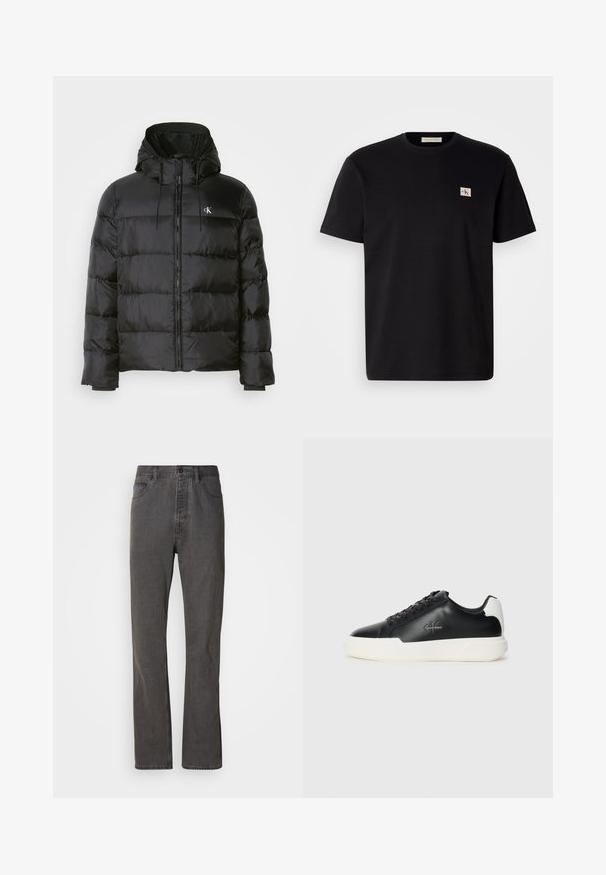 Black puffer jacket with a hood, featuring a zip front, stitched panels, elastic cuffs, and a small logo on the left chest.; Black cotton t-shirt with short sleeves, crew neck, and a small embroidered logo on the left chest. Smooth texture, regular fit.; Gray denim jeans with a straight-leg design, featuring front pockets, a button closure, and subtle texture.; Black leather sneakers with white rubber sole. Features round toe, lace-up design, and logo detail on the side. Rear accent in white.