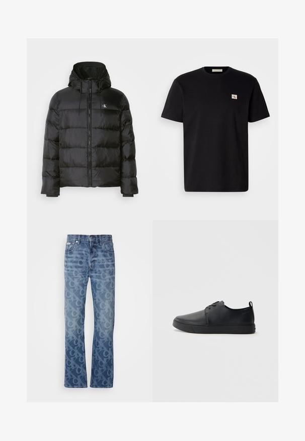 Černá péřovka s kapucí, s předním zipem, stehovanými panely, elastickými manžetami a malým logem na levé hrudi.; Černé bavlněné tričko s krátkým rukávem, kulatým výstřihem a malým vyšívaným logem na levé straně hrudi. Hladká textura, standardní střih.; Džínové kalhoty světle modré barvy s tónovým abstraktním vzorem. Mají rovný střih, pět kapes a kovové doplňky.; Černé kožené tenisky s hladkým povrchem, zaoblenou špičkou, tónovým prošíváním, šněrovacím uzávěrem a plochou gumovou podrážkou. Očko na patě.